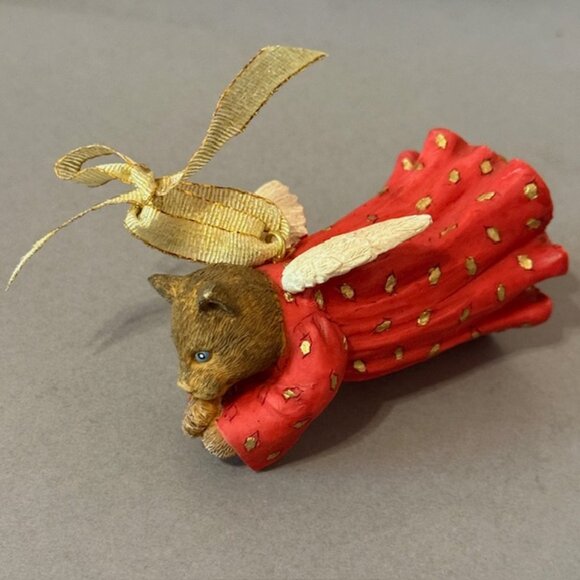 Vintage Cat Kitten Christmas Ornament Figurine Anthropomorphic Angel Signed Red - Picture 1 of 4
